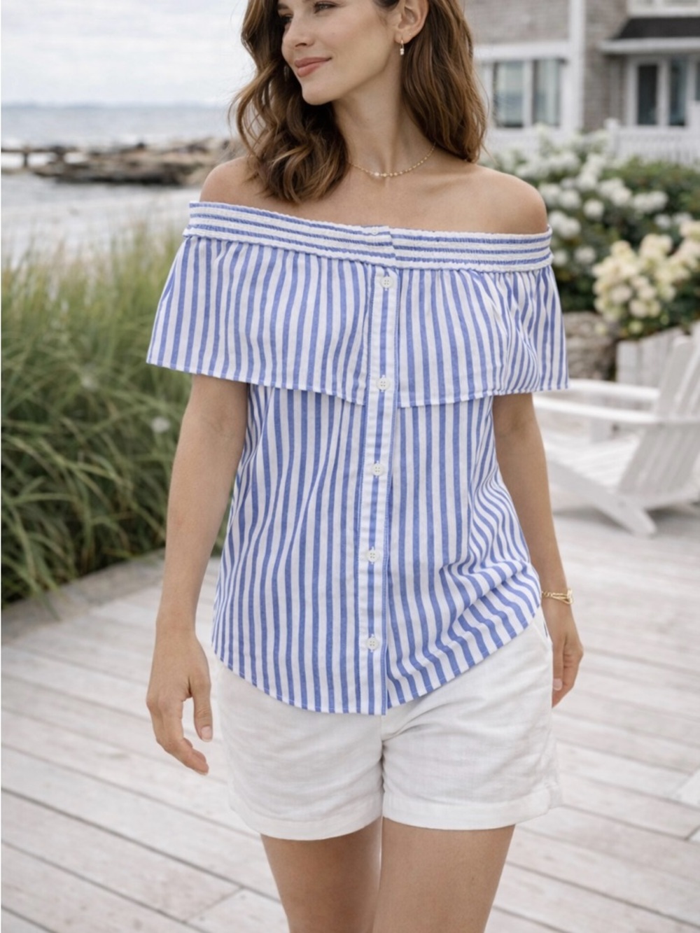 Off-Shoulder Blue & White Striped Button-Front Top